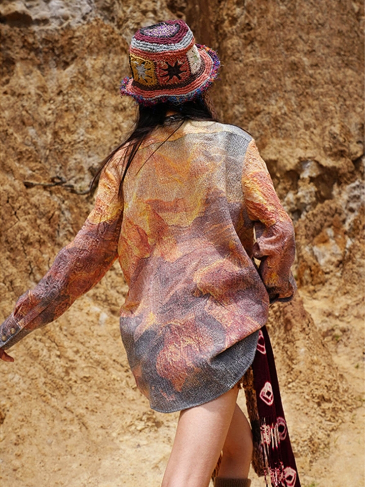 Brown Sunset Print Distressed Wool Shirt