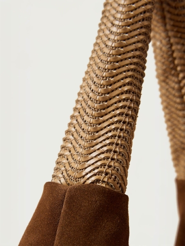 Dark Tea Brown Suede Shoulder Woven Bag