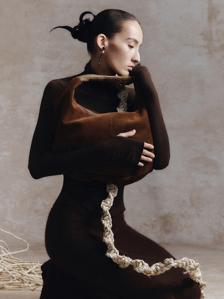 Dark Tea Brown Suede Shoulder Woven Bag