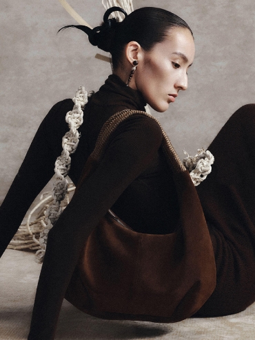 Dark Tea Brown Suede Shoulder Woven Bag