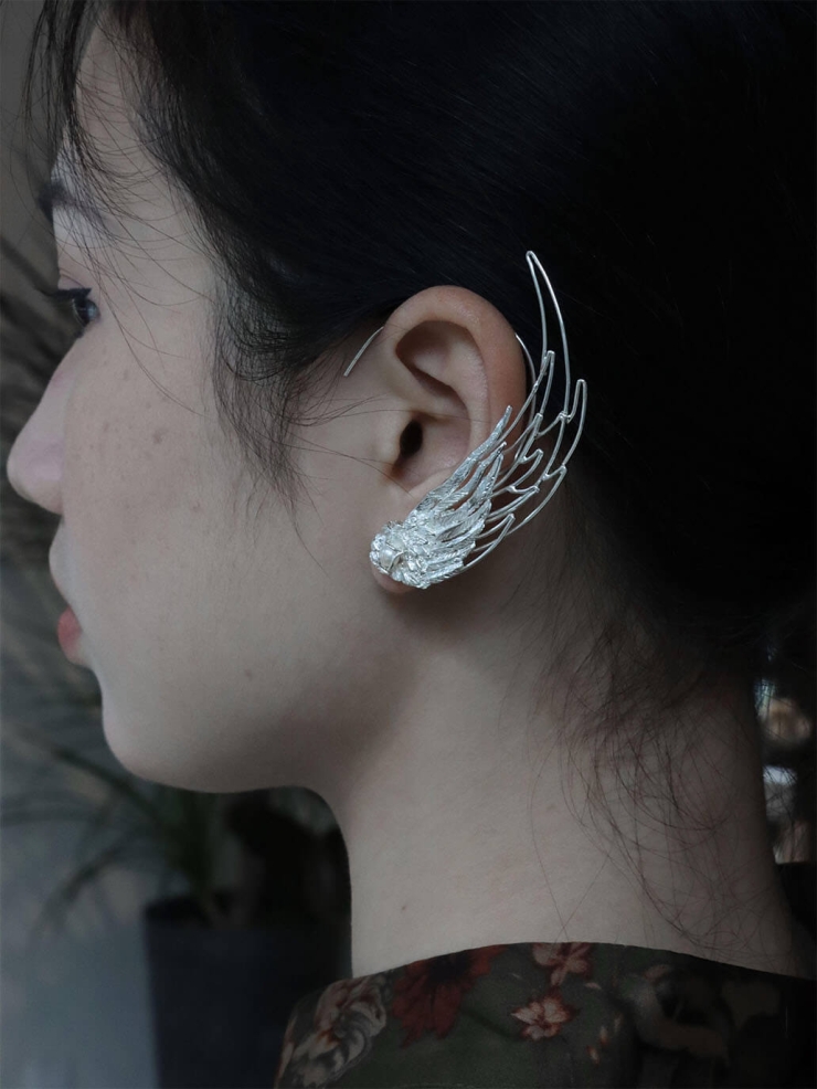 White Wind Feather Filigree Ear Cuff - Left