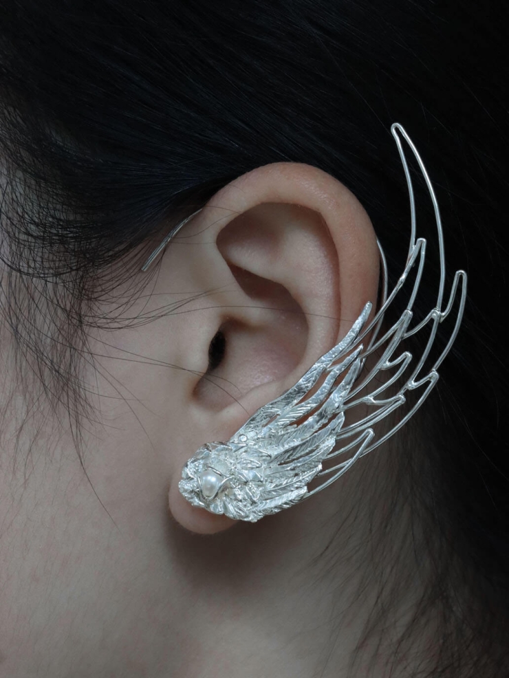 White Wind Feather Filigree Ear Cuff - Left