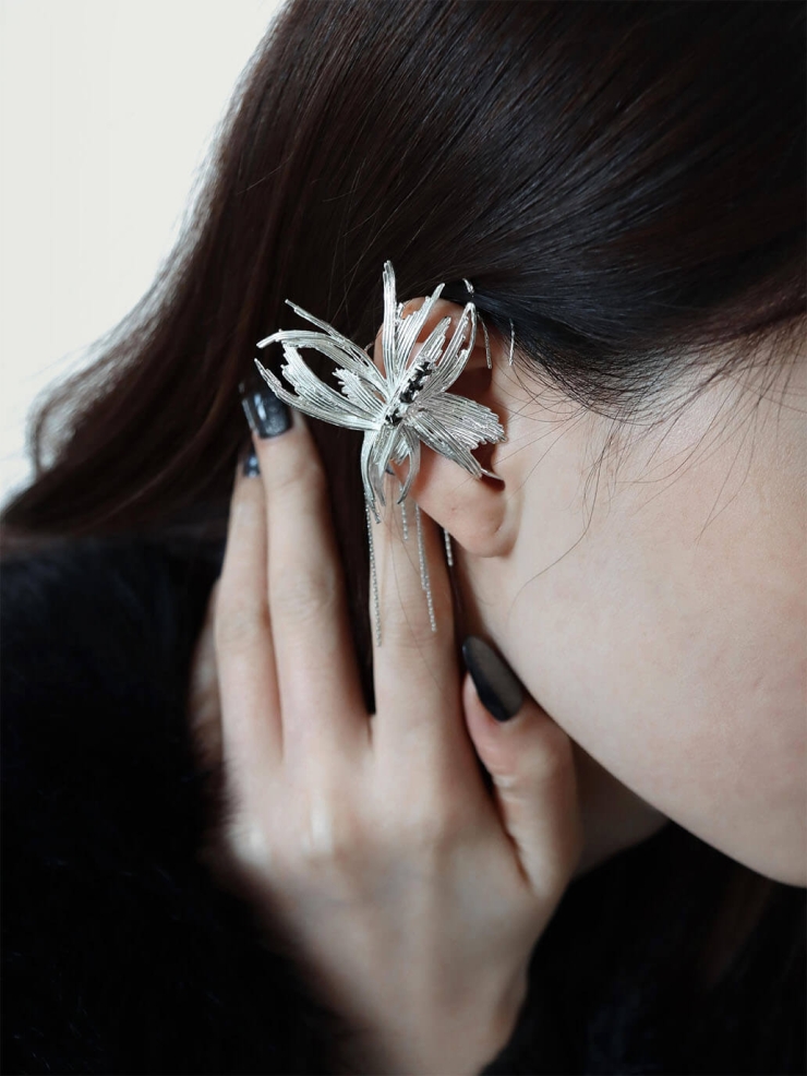 White Over-Ear Butterfly Ear Cuff - Left