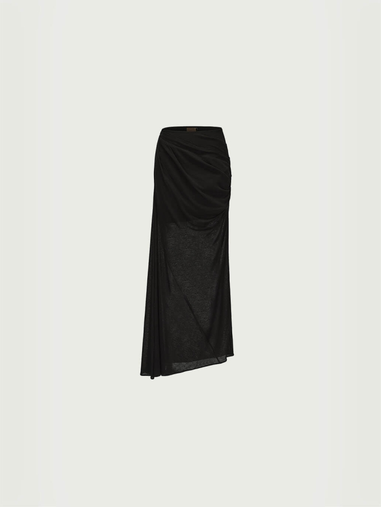 Black Knit Pleated Sheer Midi Skirt
