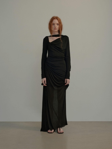 Black Knit Pleated Sheer Midi Skirt