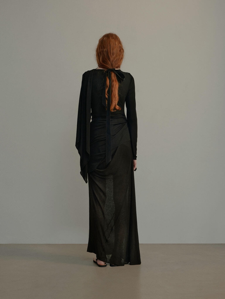 Black Knit Pleated Sheer Midi Skirt