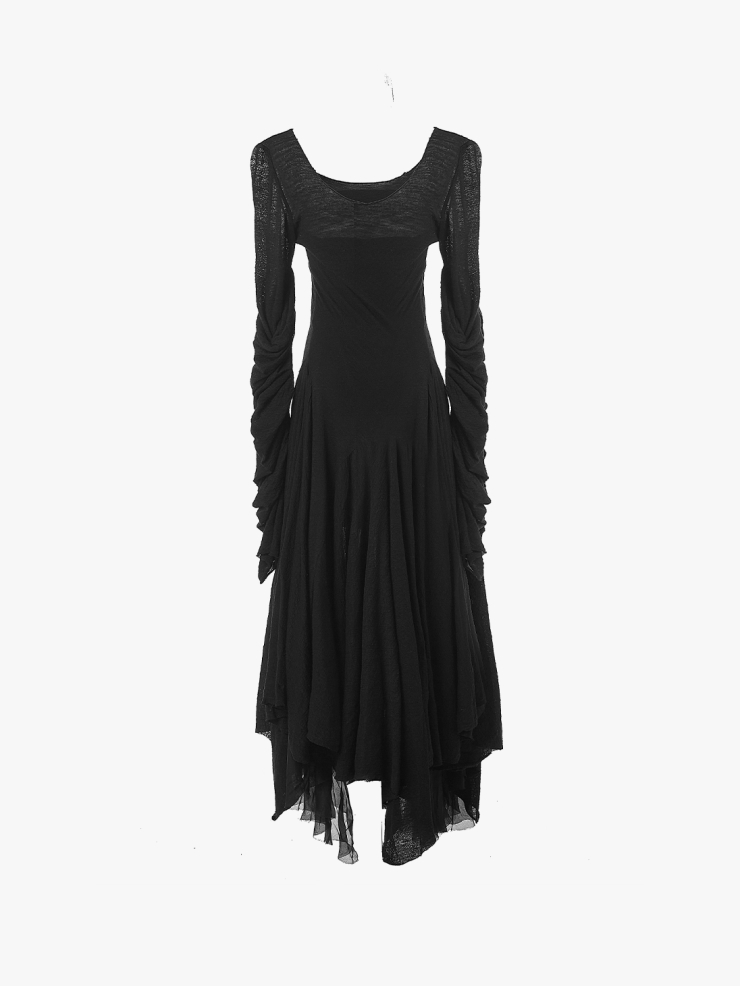 ELYWOOD Black Asymmetric Silk Ribbon Detailed Dress