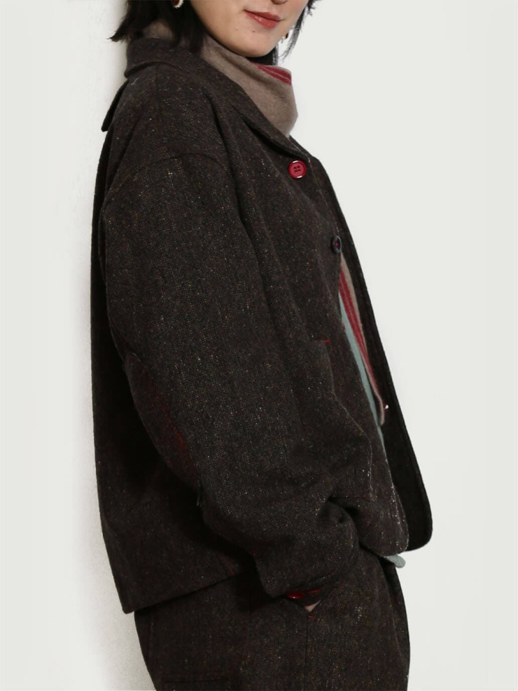 Brown Tweed Wool Jacket with Notched Lapel