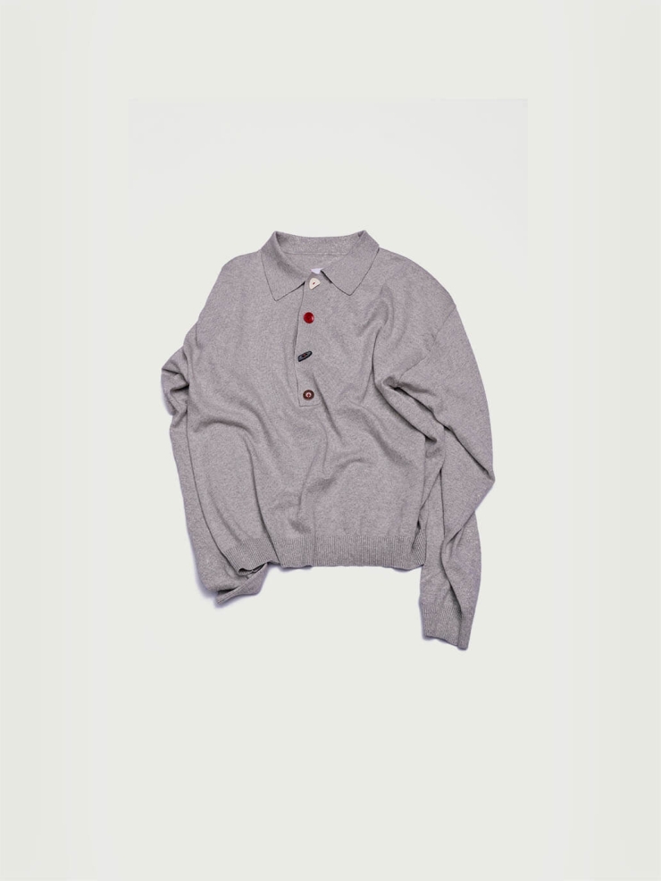 Gray Loose-Fit Knitted Long-Sleeve Polo Shirt
