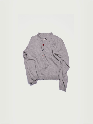 Gray Loose-Fit Knitted Long-Sleeve Polo Shirt