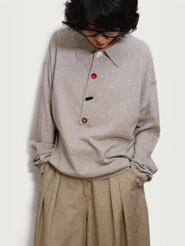 Gray Loose-Fit Knitted Long-Sleeve Polo Shirt