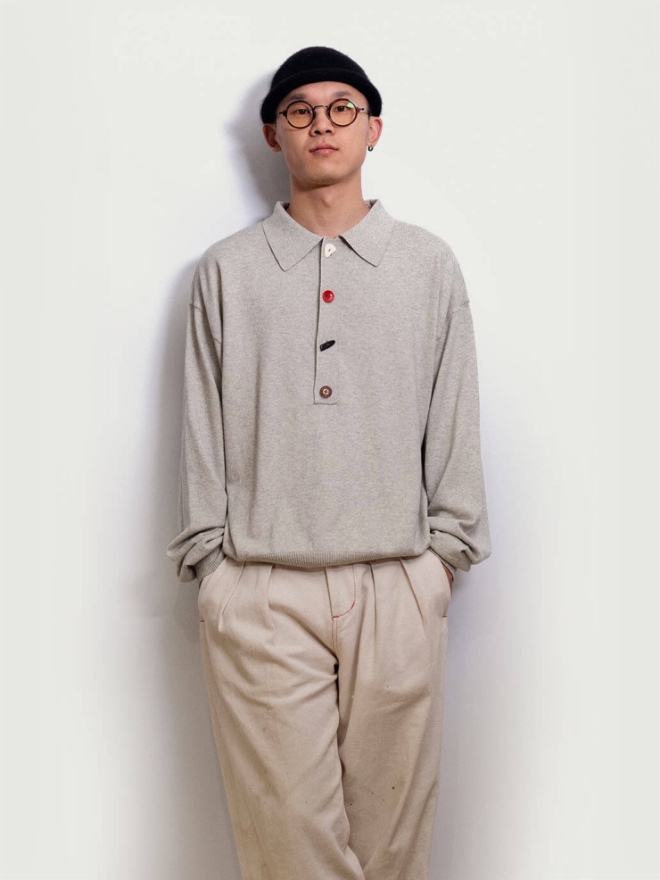 Gray Loose-Fit Knitted Long-Sleeve Polo Shirt