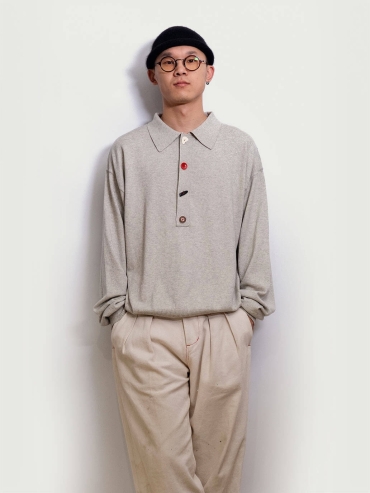 Gray Loose-Fit Knitted Long-Sleeve Polo Shirt