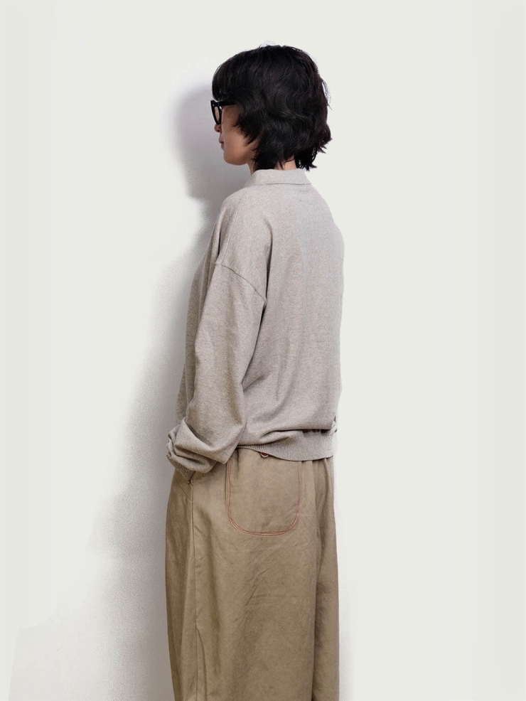 Gray Loose-Fit Knitted Long-Sleeve Polo Shirt