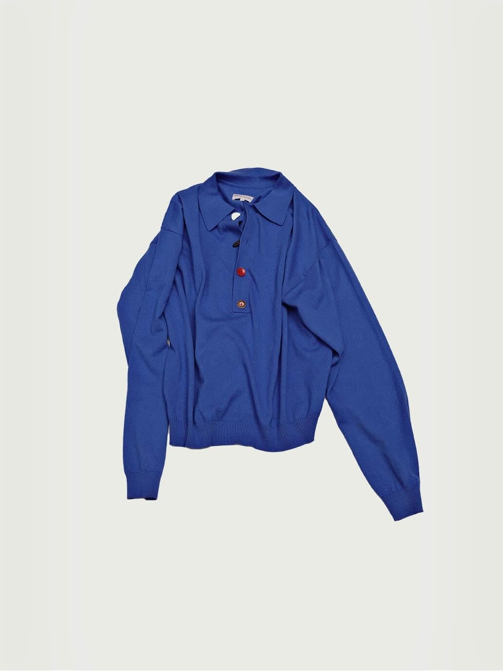 Klein Blue Loose-Fit Knitted Long-Sleeve Polo Shirt