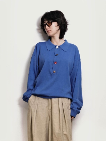 Klein Blue Loose-Fit Knitted Long-Sleeve Polo Shirt