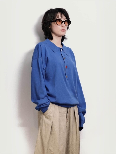 Klein Blue Loose-Fit Knitted Long-Sleeve Polo Shirt