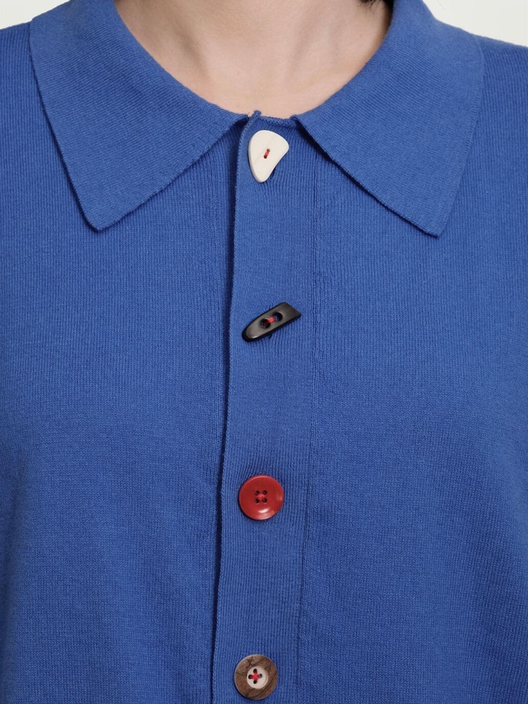 Klein Blue Loose-Fit Knitted Long-Sleeve Polo Shirt