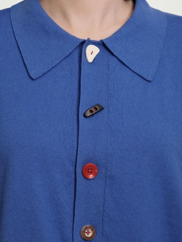 Klein Blue Loose-Fit Knitted Long-Sleeve Polo Shirt