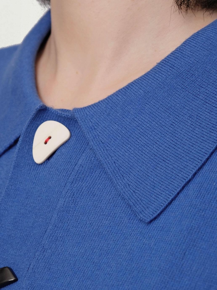 Klein Blue Loose-Fit Knitted Long-Sleeve Polo Shirt