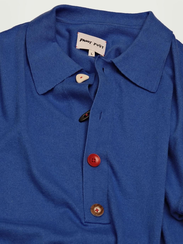 Klein Blue Loose-Fit Knitted Long-Sleeve Polo Shirt