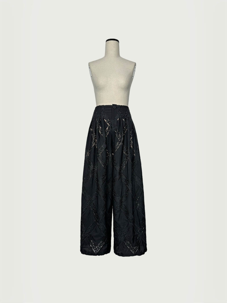 Black Lace-Panel High-Waisted Wide-Leg Pants