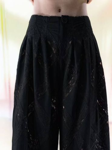 Black Lace-Panel High-Waisted Wide-Leg Pants