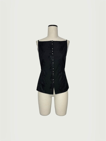 Black Lace-Panel Cut-Out Metal-Clasp Boat-Neck Cardigan Top