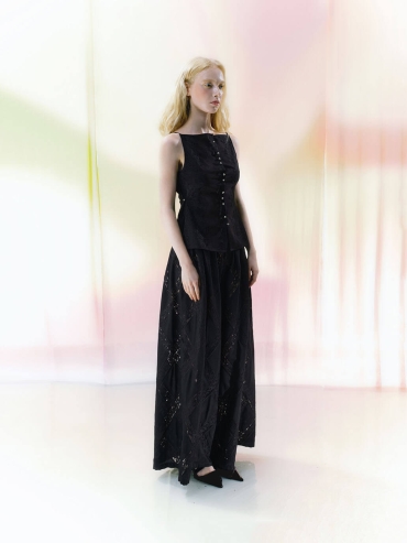 Black Lace-Panel Cut-Out Metal-Clasp Boat-Neck Cardigan Top