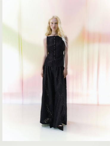 Black Lace-Panel Cut-Out Metal-Clasp Boat-Neck Cardigan Top