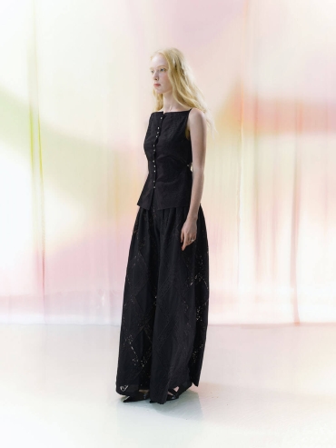 Black Lace-Panel Cut-Out Metal-Clasp Boat-Neck Cardigan Top