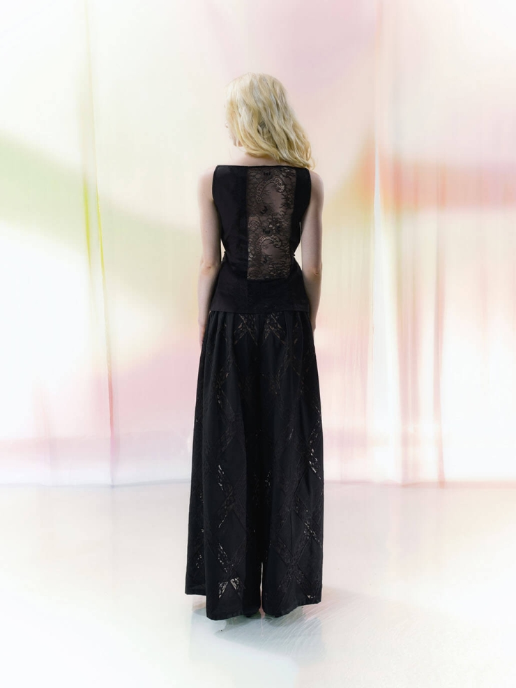 Black Lace-Panel Cut-Out Metal-Clasp Boat-Neck Cardigan Top