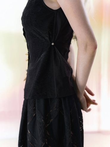 Black Lace-Panel Cut-Out Metal-Clasp Boat-Neck Cardigan Top