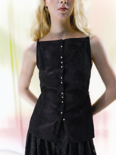 Black Lace-Panel Cut-Out Metal-Clasp Boat-Neck Cardigan Top