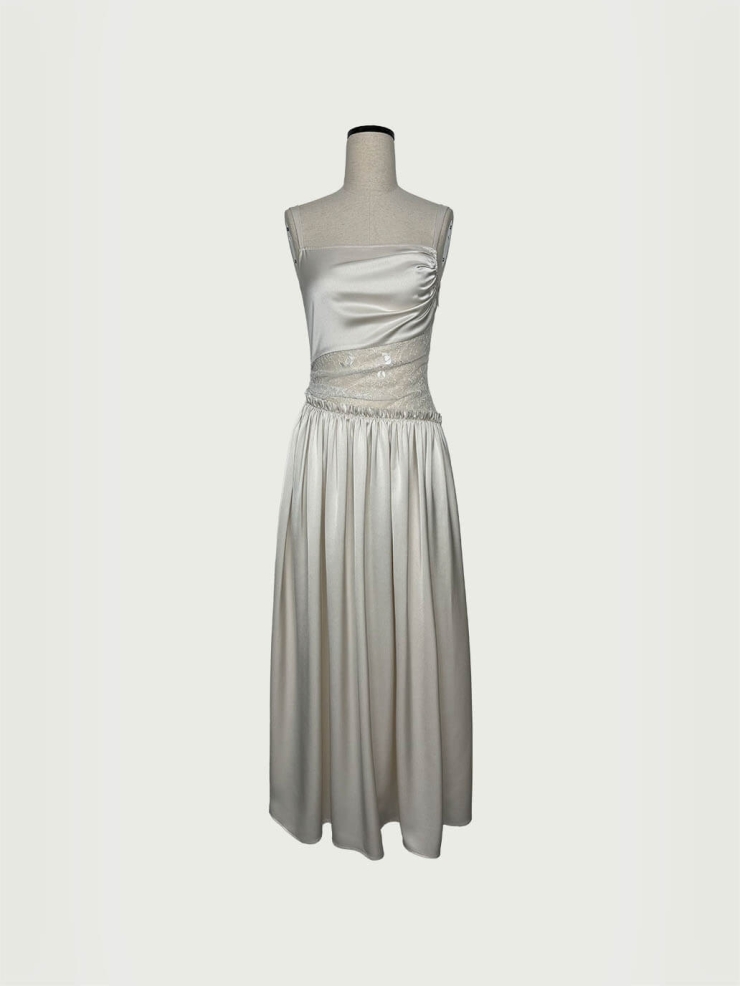 Beige Lace-Panel Ruched Asymmetric Cut-Out Satin Dress