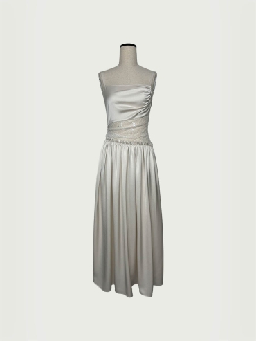 Beige Lace-Panel Ruched Asymmetric Cut-Out Satin Dress