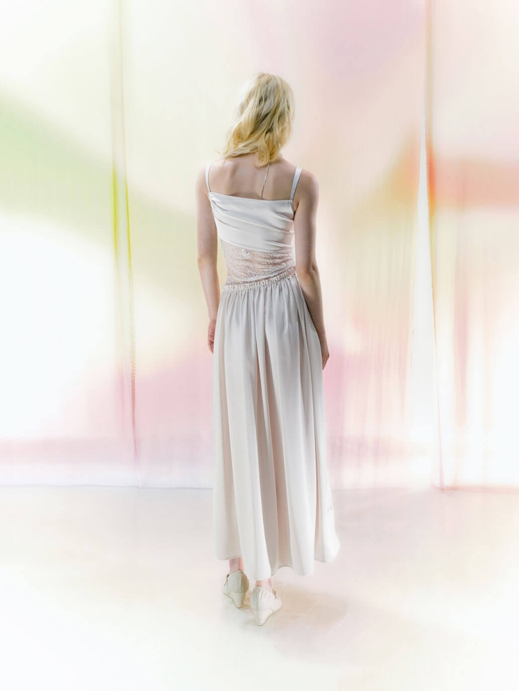 Beige Lace-Panel Ruched Asymmetric Cut-Out Satin Dress