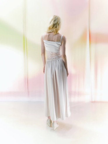 Beige Lace-Panel Ruched Asymmetric Cut-Out Satin Dress