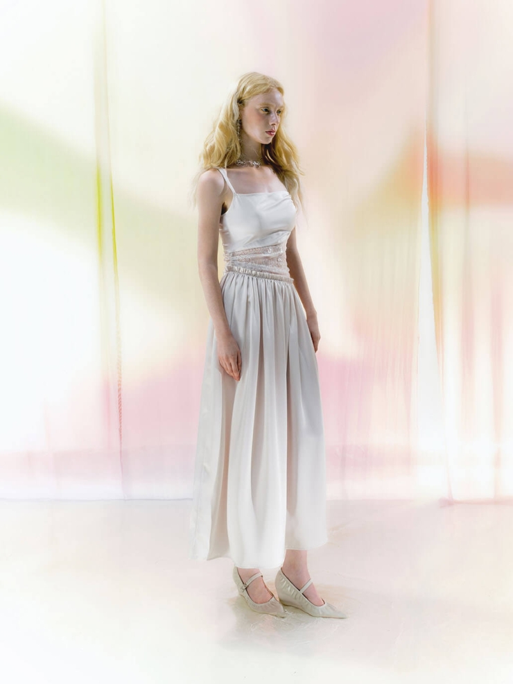 Beige Lace-Panel Ruched Asymmetric Cut-Out Satin Dress