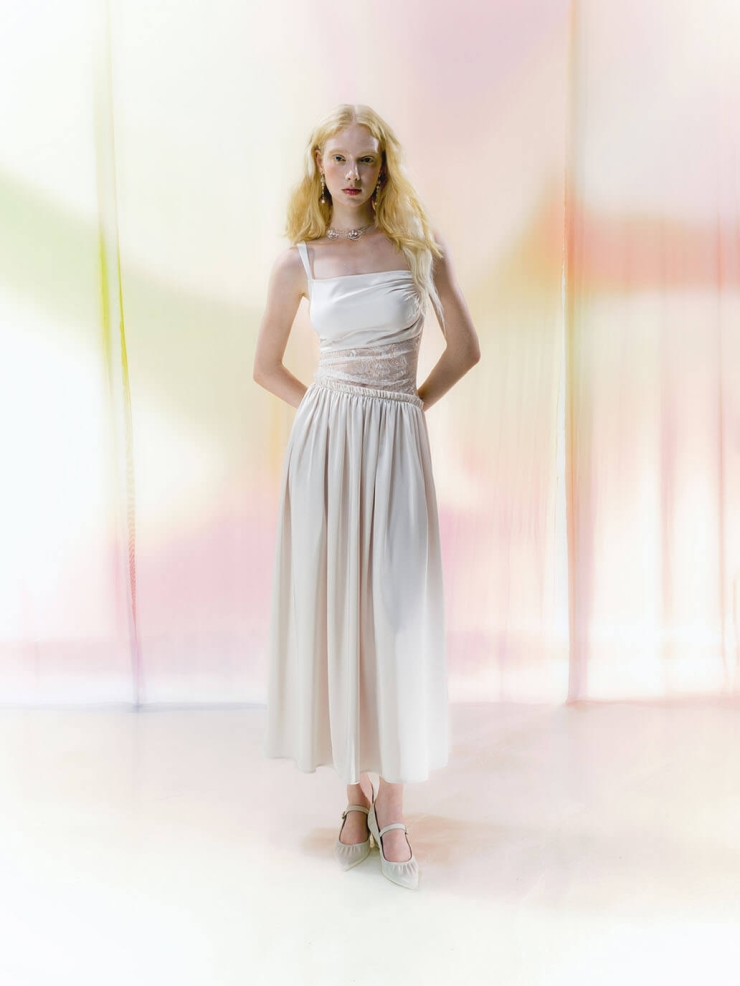 Beige Lace-Panel Ruched Asymmetric Cut-Out Satin Dress