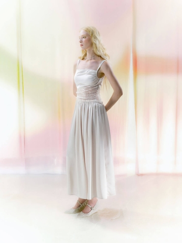 Beige Lace-Panel Ruched Asymmetric Cut-Out Satin Dress