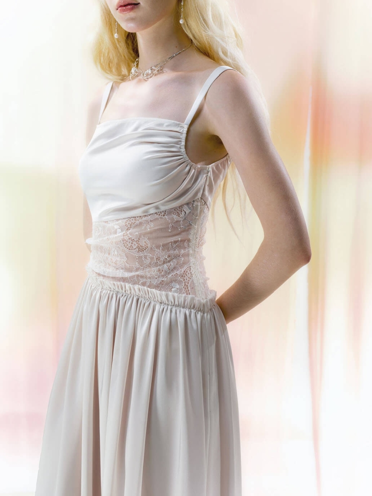 Beige Lace-Panel Ruched Asymmetric Cut-Out Satin Dress