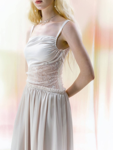 Beige Lace-Panel Ruched Asymmetric Cut-Out Satin Dress