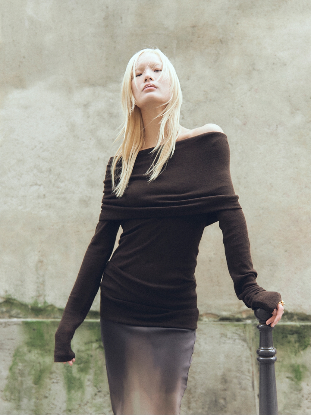 Soft Brown Off-Shoulder Knit Top