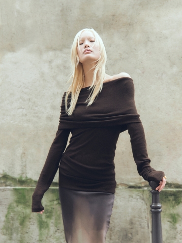 Soft Brown Off-Shoulder Knit Top