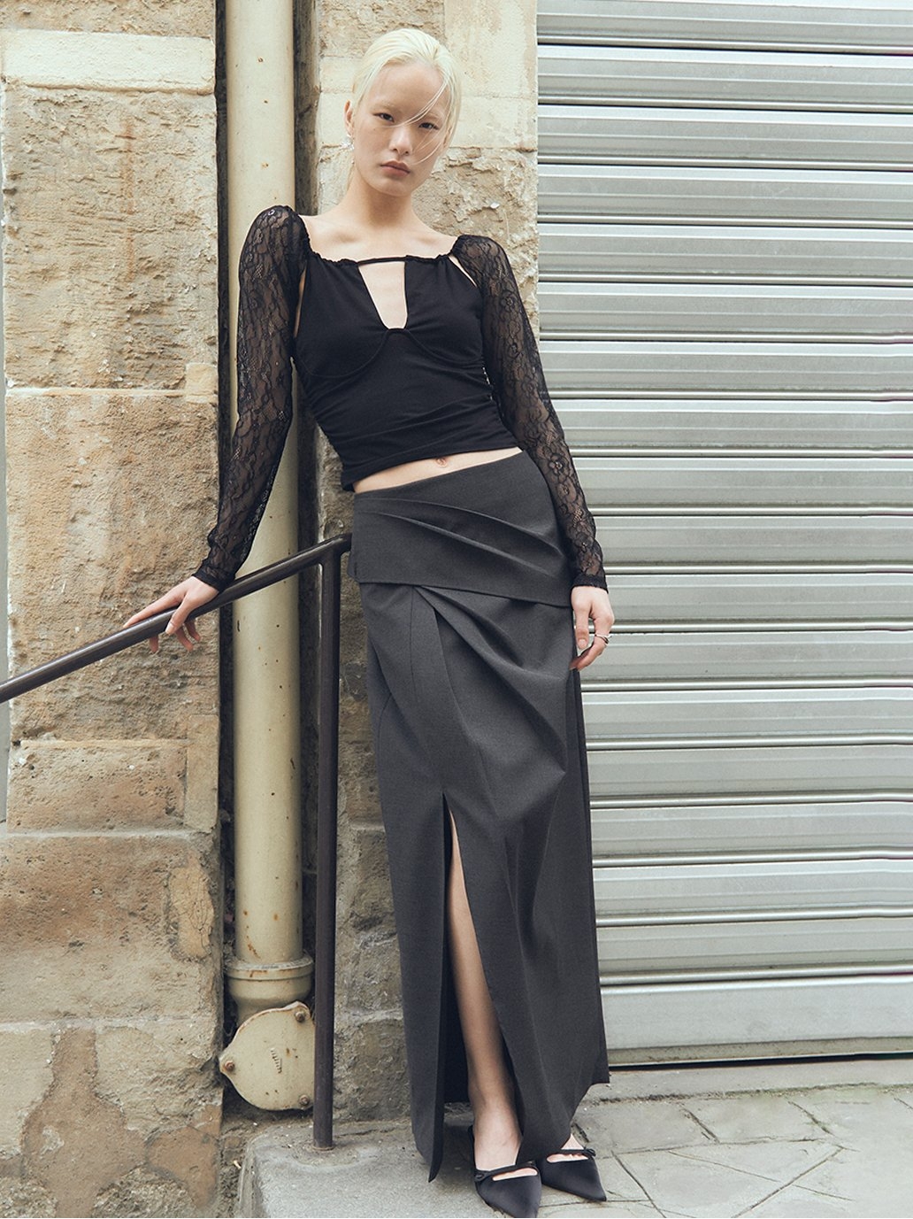 Dark Grey Double Waist Pencil Skirt