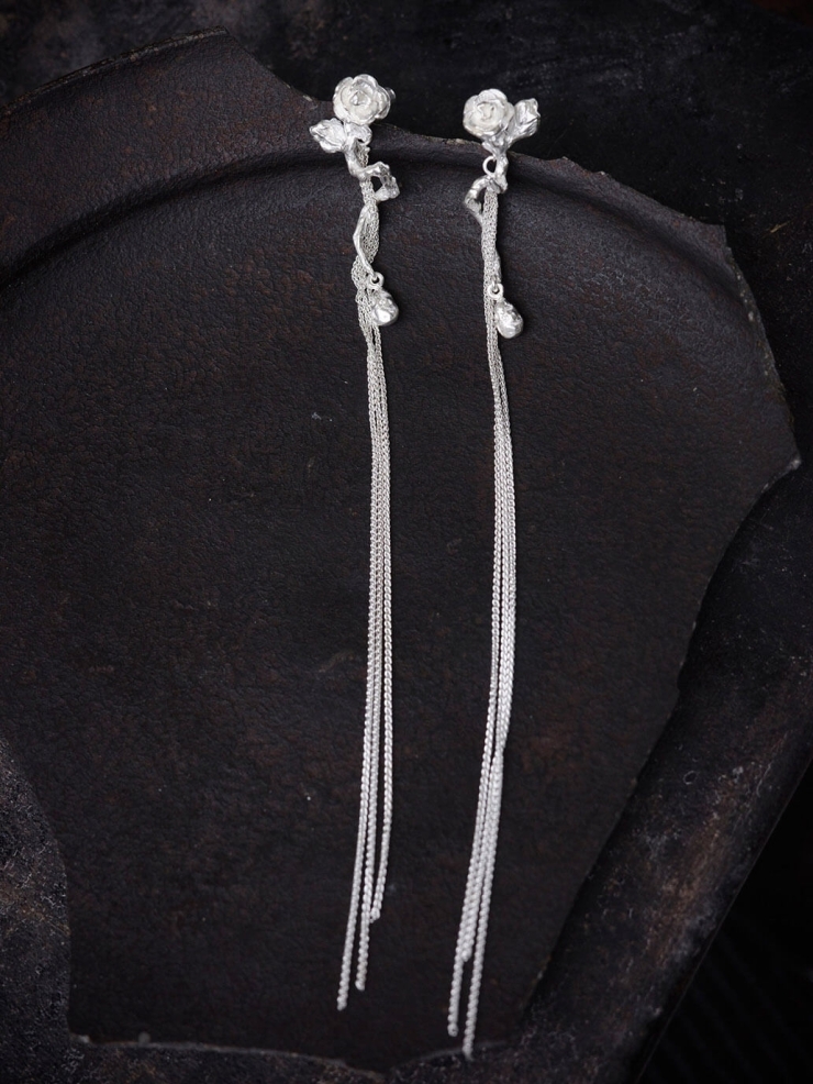 Silver rose branch earrings