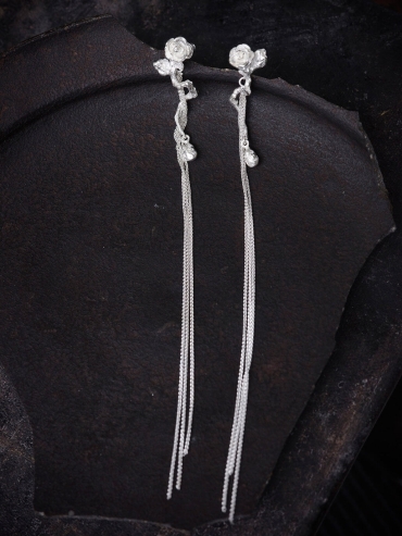 Silver rose branch earrings
