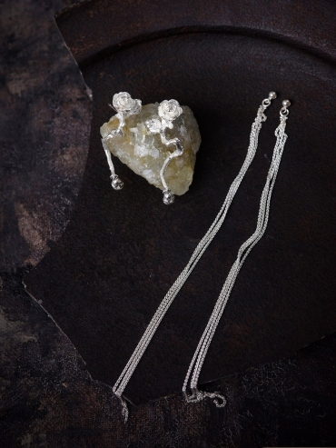 Silver rose branch earrings