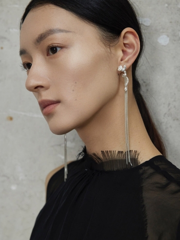 Silver rose branch earrings